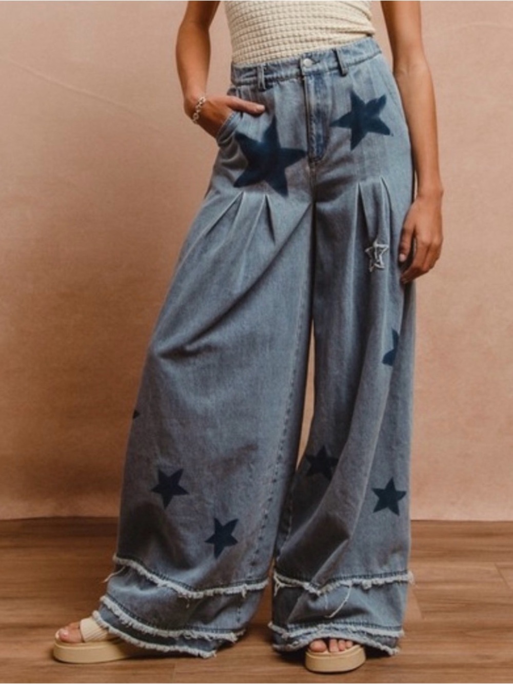 Bibi Mineral Wash Star Print Patch
Frayed Wide Leg Denim Pants